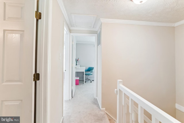 1646 Sierra Woods Dr, Reston, VA 20194 - corridor with an upstairs landing, light carpet, attic access, and crown molding