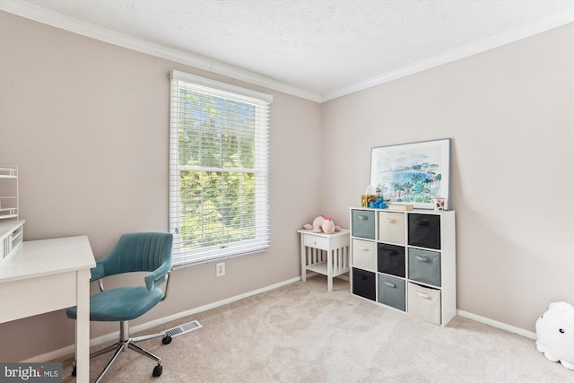 1646 Sierra Woods Dr, Reston, VA 20194 - office area featuring ornamental molding, carpet floors, baseboards, and a textured ceiling