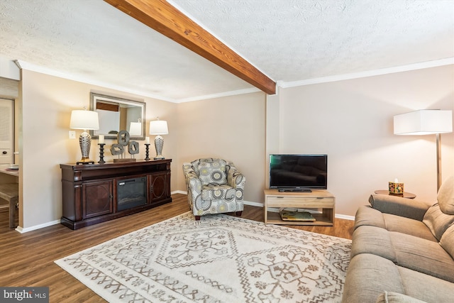 1646 Sierra Woods Dr, Reston, VA 20194 - living area featuring a textured ceiling, wood finished floors, beam ceiling, crown molding, and baseboards