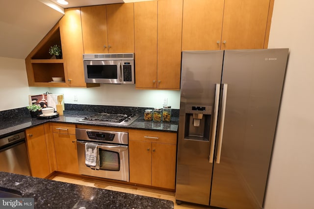 1622 19th St NW Unit 2, Washington, DC 20009 - kitchen featuring stainless steel appliances, dark stone countertops, and open shelves