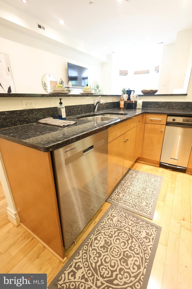 1622 19th St NW Unit 2, Washington, DC 20009 - kitchen featuring stainless steel dishwasher, light wood-style floors, and dark stone counters