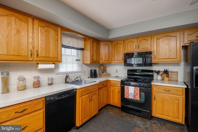 1043 Fredrick Blvd, Reading, PA 19605 - kitchen featuring black appliances, decorative backsplash, light countertops, and brown cabinets