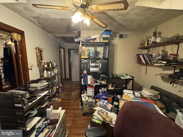 3236 George St, Baltimore, MD 21220 - office area featuring wood finished floors, a ceiling fan, and attic access