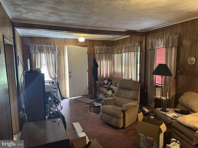 3236 George St, Baltimore, MD 21220 - carpeted living room with wooden walls, plenty of natural light, and crown molding