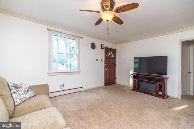321 Willow Rd, Hellertown, PA 18055 - unfurnished living room with a baseboard radiator, ornamental molding, carpet flooring, and a ceiling fan