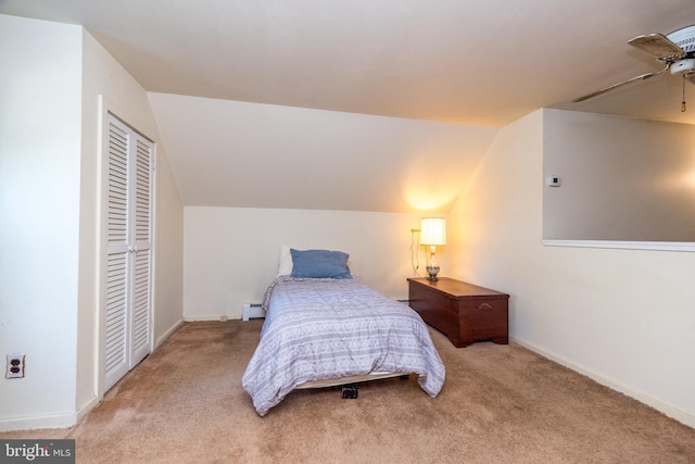 321 Willow Rd, Hellertown, PA 18055 - carpeted bedroom with lofted ceiling, a closet, a baseboard radiator, and ceiling fan