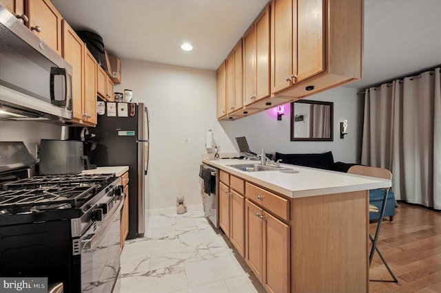 1100 Vine St Unit 1409, Philadelphia, PA 19107 - kitchen featuring stainless steel appliances, a breakfast bar area, light countertops, recessed lighting, and light marble finish floors