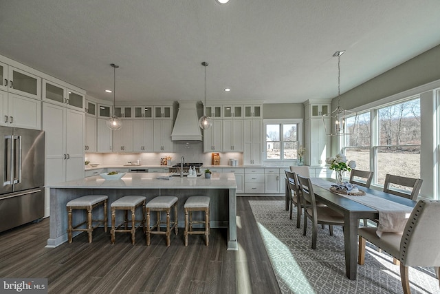 1737 Shadyside Rd Unit Ap, Downingtown, PA 19335 - kitchen with high end refrigerator, custom exhaust hood, dark wood-type flooring, light countertops, and recessed lighting