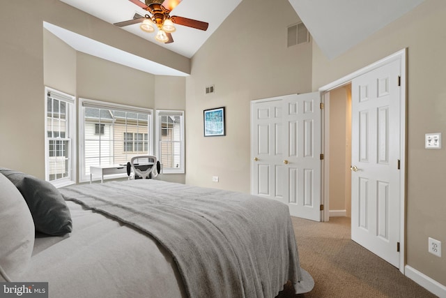 8878 Ashgrove House Ln, Vienna, VA 22182 - carpeted bedroom with high vaulted ceiling, baseboards, and a ceiling fan