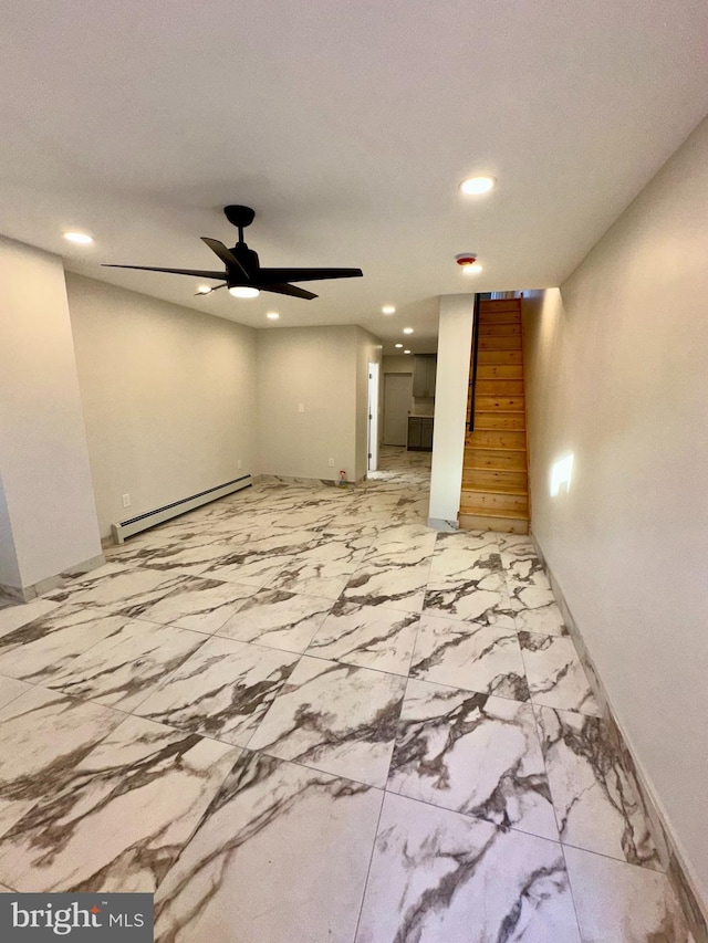 205 W Wishart St, Philadelphia, PA 19133 - empty room featuring a baseboard heating unit, recessed lighting, ceiling fan, baseboards, and light marble finish flooring