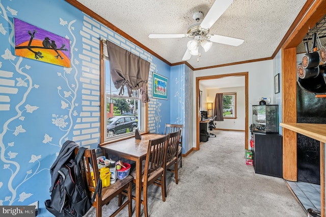 110 S Marlyn Ave, Essex, MD 21221 - dining area featuring ornamental molding, ceiling fan, light carpet, and a textured ceiling