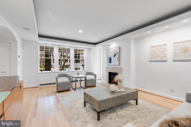 2950 Macomb St NW, Washington, DC 20008 - living area featuring light wood-style flooring, a raised ceiling, recessed lighting, a lit fireplace, and baseboards