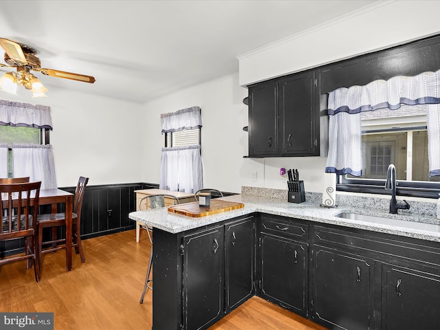 213 S 6th St, Denton, MD 21629 - kitchen with dark cabinets, a peninsula, light wood-style flooring, ceiling fan, and a kitchen breakfast bar