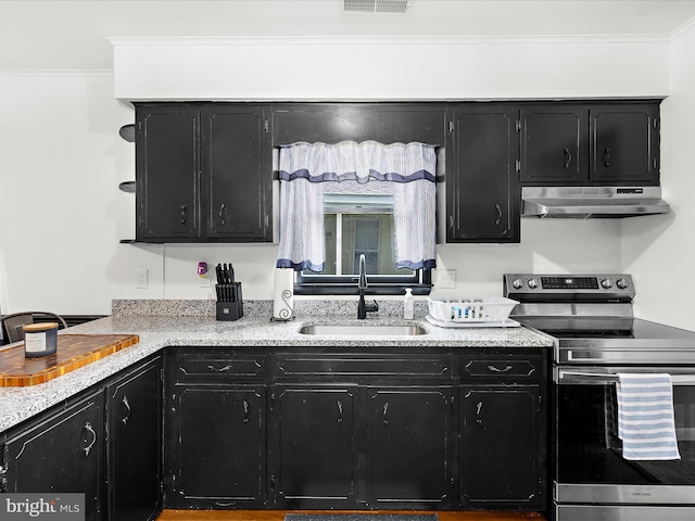 213 S 6th St, Denton, MD 21629 - kitchen with stainless steel range with electric cooktop, under cabinet range hood, dark cabinetry, and crown molding
