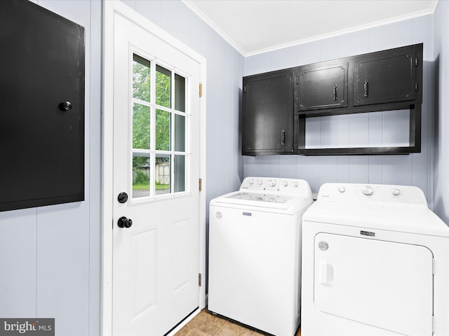 213 S 6th St, Denton, MD 21629 - laundry area featuring cabinet space, independent washer and dryer, ornamental molding, and light tile patterned floors