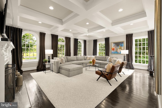 13300 Manor Stone Dr, Darnestown, MD 20874 - living room with coffered ceiling, dark wood-type flooring, beamed ceiling, a fireplace, and recessed lighting