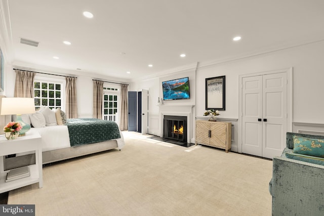 13300 Manor Stone Dr, Darnestown, MD 20874 - bedroom featuring crown molding, a fireplace with flush hearth, carpet flooring, recessed lighting, and a wainscoted wall