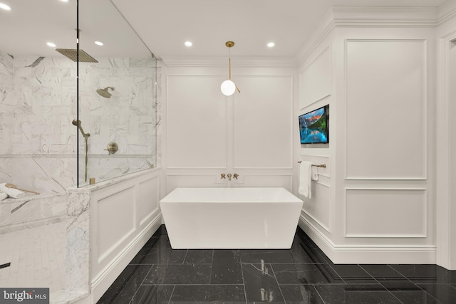 13300 Manor Stone Dr, Darnestown, MD 20874 - full bathroom with a decorative wall, a freestanding tub, a marble finish shower, recessed lighting, and marble finish floors