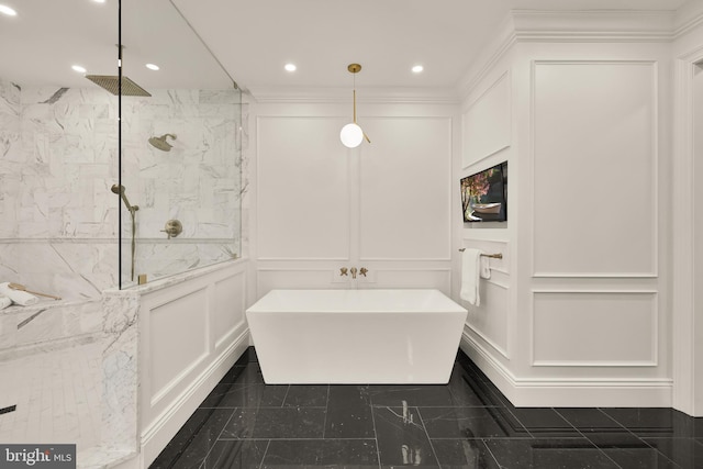 13300 Manor Stone Dr, Darnestown, MD 20874 - full bath with a decorative wall, a freestanding tub, recessed lighting, a marble finish shower, and ornamental molding