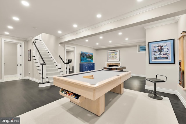 13300 Manor Stone Dr, Darnestown, MD 20874 - game room featuring dark wood-style flooring, billiards, recessed lighting, crown molding, and a fireplace