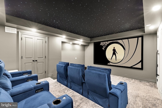 13300 Manor Stone Dr, Darnestown, MD 20874 - carpeted cinema featuring a tray ceiling and baseboards