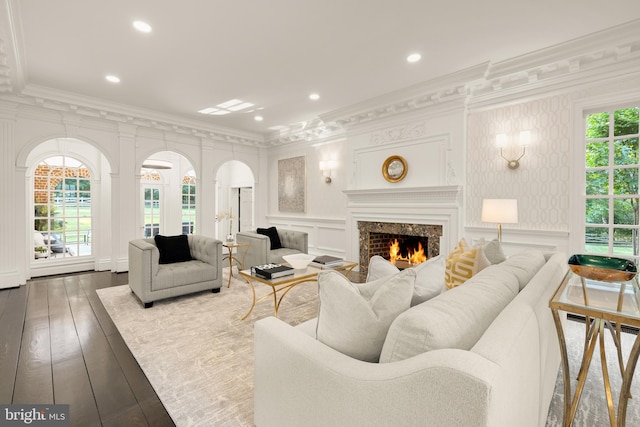 13300 Manor Stone Dr, Darnestown, MD 20874 - living area with ornamental molding, a fireplace, hardwood / wood-style floors, recessed lighting, and a decorative wall