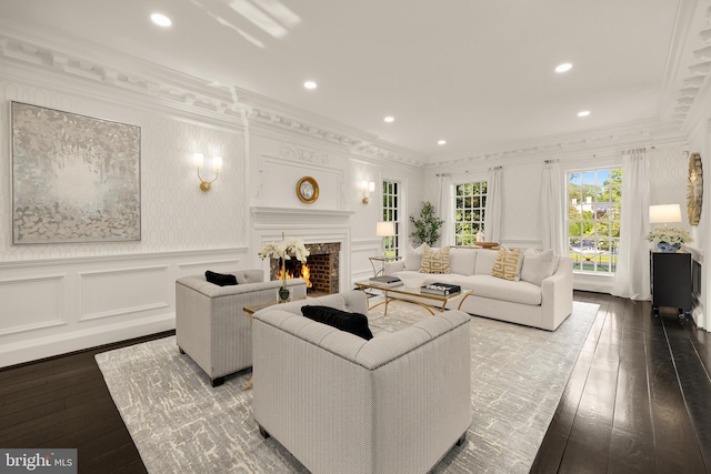 13300 Manor Stone Dr, Darnestown, MD 20874 - living area featuring a decorative wall, ornamental molding, hardwood / wood-style flooring, a premium fireplace, and recessed lighting