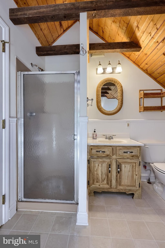 1549 Willoughby Cir, Manheim, PA 17545 - full bath with wooden ceiling, vanity, wainscoting, a stall shower, and tile patterned floors