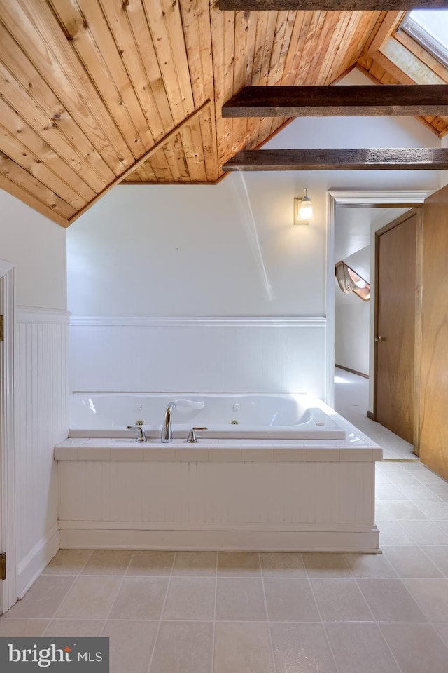 1549 Willoughby Cir, Manheim, PA 17545 - full bath featuring lofted ceiling, a whirlpool tub, a wainscoted wall, wood ceiling, and tile patterned flooring