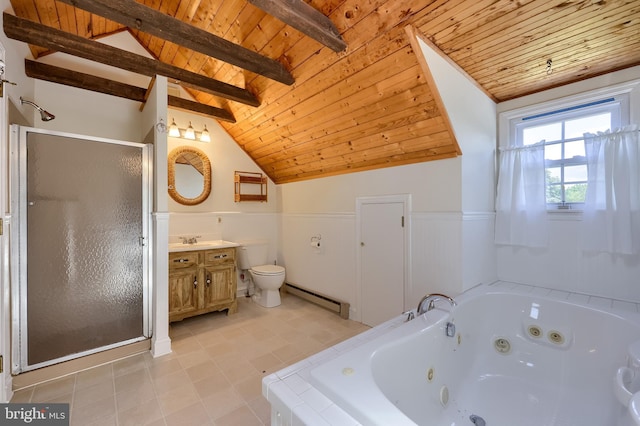 1549 Willoughby Cir, Manheim, PA 17545 - bathroom featuring wooden ceiling, baseboard heating, a shower stall, wainscoting, and vanity