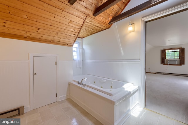1549 Willoughby Cir, Manheim, PA 17545 - full bathroom with a baseboard radiator, wood ceiling, a tub with jets, a wainscoted wall, and cooling unit