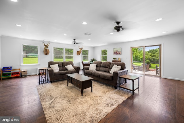 2997 Patapsco Rd, Finksburg, MD 21048 - living area featuring a ceiling fan, recessed lighting, dark wood finished floors, and baseboards