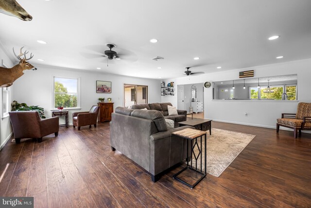 2997 Patapsco Rd, Finksburg, MD 21048 - living room with ceiling fan, recessed lighting, plenty of natural light, and dark wood-style flooring