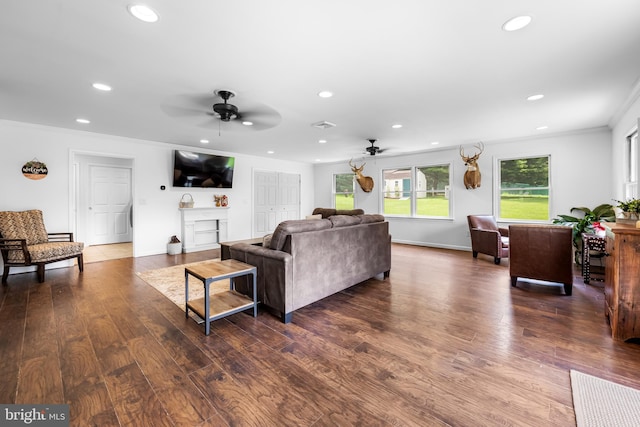 2997 Patapsco Rd, Finksburg, MD 21048 - living room with ceiling fan, ornamental molding, recessed lighting, wood finished floors, and baseboards