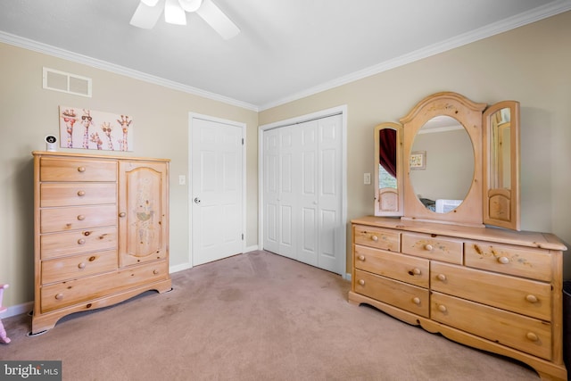 2997 Patapsco Rd, Finksburg, MD 21048 - bedroom featuring ornamental molding, a closet, baseboards, light colored carpet, and ceiling fan