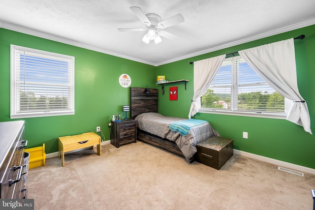 2997 Patapsco Rd, Finksburg, MD 21048 - carpeted bedroom featuring crown molding, baseboards, ceiling fan, and a textured ceiling
