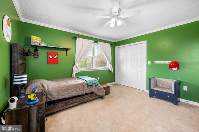 2997 Patapsco Rd, Finksburg, MD 21048 - carpeted bedroom featuring crown molding, a closet, baseboards, and ceiling fan