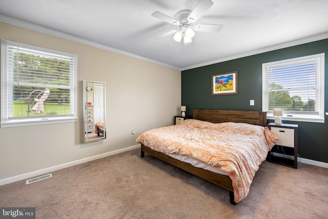 2997 Patapsco Rd, Finksburg, MD 21048 - bedroom with ornamental molding, carpet floors, multiple windows, baseboards, and ceiling fan