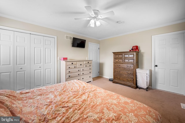 2997 Patapsco Rd, Finksburg, MD 21048 - bedroom featuring ornamental molding, light carpet, a closet, ceiling fan, and baseboards
