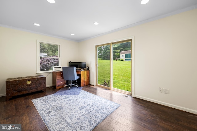 2997 Patapsco Rd, Finksburg, MD 21048 - office featuring crown molding, recessed lighting, baseboards, and dark wood finished floors