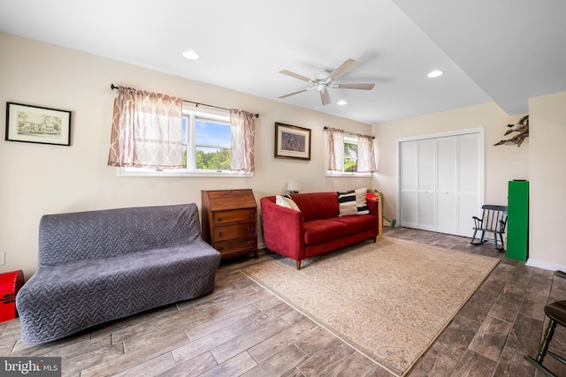 2997 Patapsco Rd, Finksburg, MD 21048 - living area with healthy amount of natural light, a ceiling fan, recessed lighting, wood finished floors, and baseboards