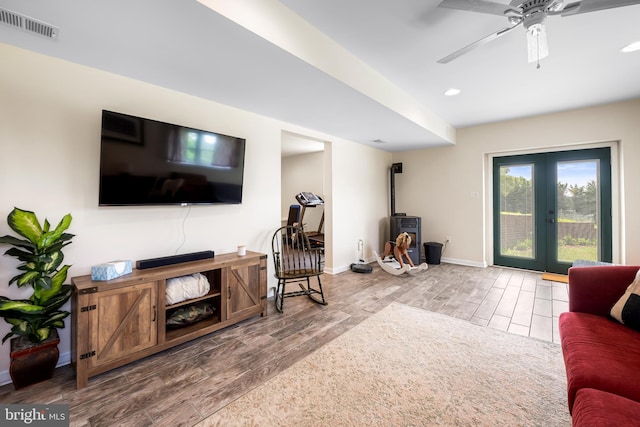 2997 Patapsco Rd, Finksburg, MD 21048 - living room with wood finish floors, french doors, baseboards, recessed lighting, and a ceiling fan