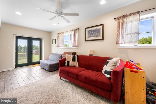 2997 Patapsco Rd, Finksburg, MD 21048 - living room featuring recessed lighting, ceiling fan, french doors, and baseboards