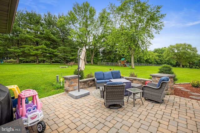 2997 Patapsco Rd, Finksburg, MD 21048 - view of patio / terrace with an outdoor living space, a playground, and view of wooded area