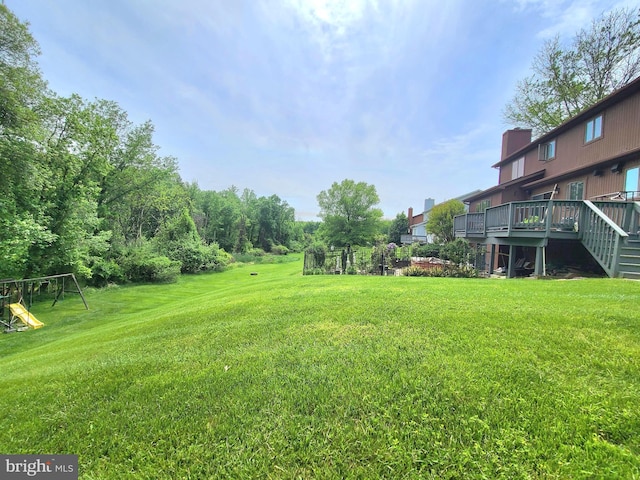 3747 Spring Lake Ln, Owings Mills, MD 21117 - view of green lawn with a wooden deck and a playground
