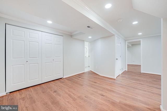 4721 Springbrook Dr, Annandale, VA 22003 - below grade area with crown molding, light wood-style floors, and recessed lighting