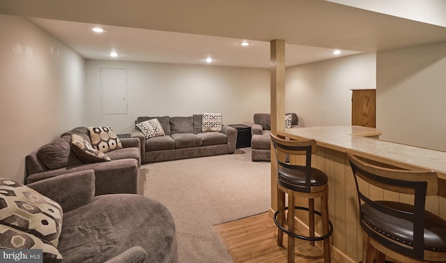 365 Newgate Rd, Langhorne, PA 19047 - living room featuring light colored carpet, recessed lighting, and bar