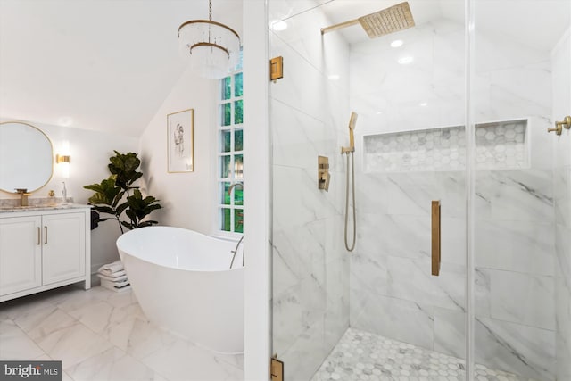 1399 Old Quincy Ln, Reston, VA 20194 - full bath featuring vaulted ceiling, vanity, a marble finish shower, a soaking tub, and marble finish flooring