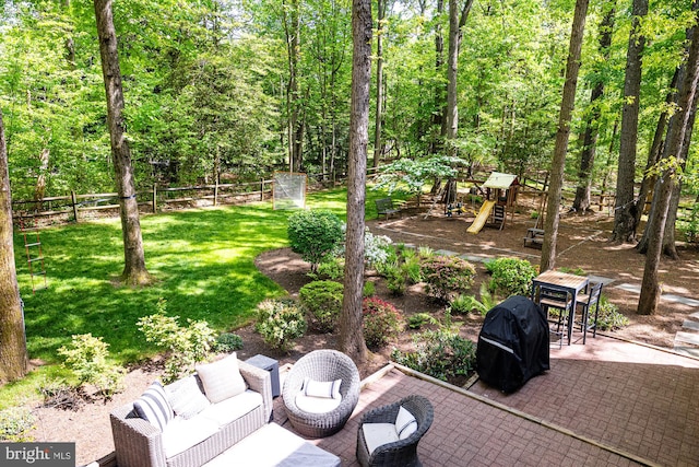 1399 Old Quincy Ln, Reston, VA 20194 - view of patio featuring a playground, an outdoor living space, and grilling area