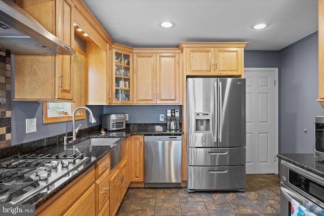 12 Pamela Ct, Jackson, NJ 08527 - kitchen featuring stainless steel appliances, wall chimney range hood, dark stone counters, glass insert cabinets, and recessed lighting